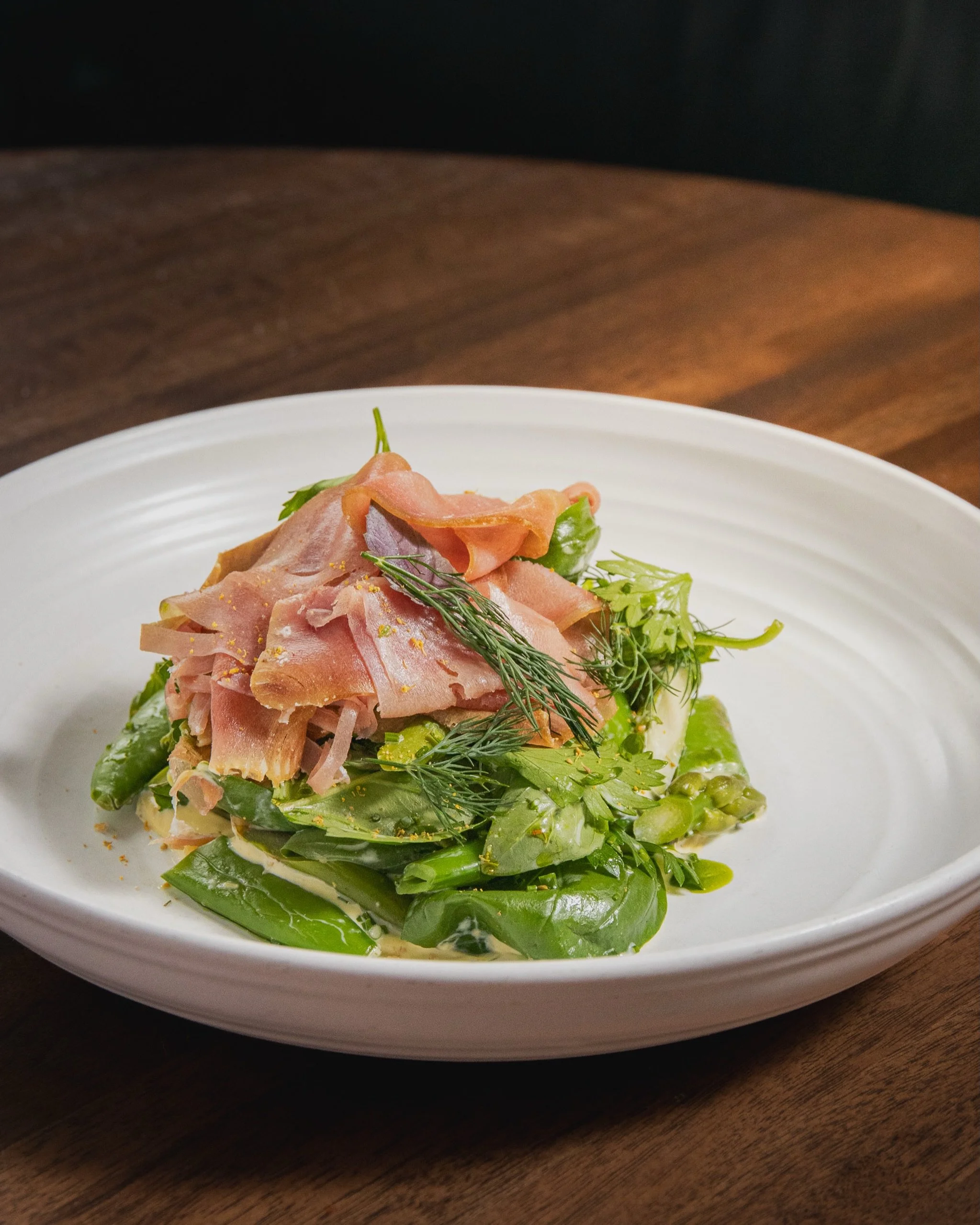 Tonna Primavera &bull; abby&rsquo;s asparagus, smoked tuna, snap pea, wild onion, dill, green garlic