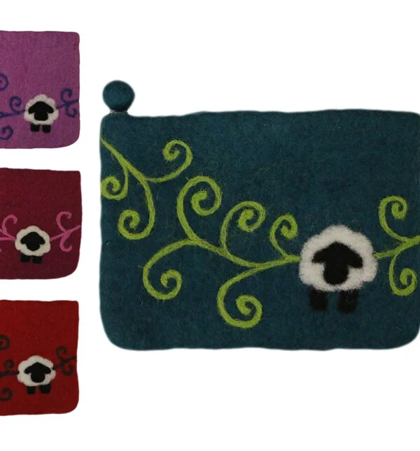 Knitting Fiend Project Bags- Large size notion bags suited for double pointed needles or circulars. Felted with sheep or knitting fiends, worked in delightful felted swirl detailing. Fully lined, zipper closure.