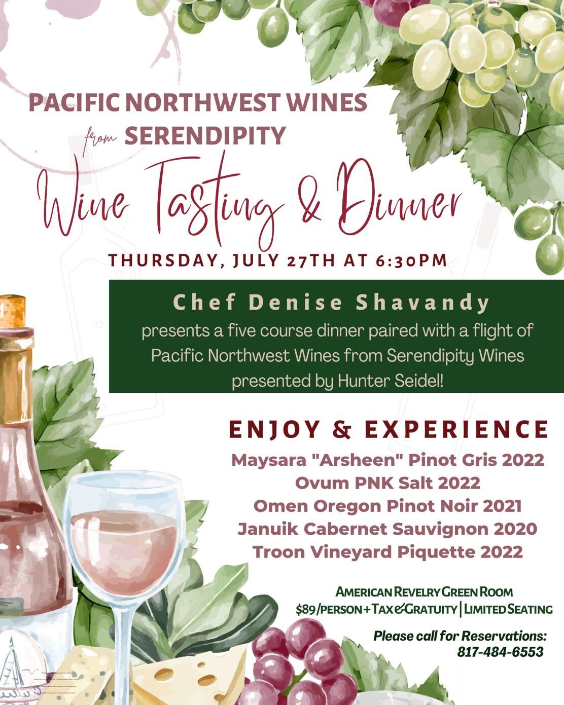 Don&rsquo;t forget to make your reservations for the Wine Tasting &amp; Dinner coming up this week!!!

⏰ Thursday, July 27th and 6:30pm

🍷 Taste five Pacific Northwest Wines from Serendipity - very boutique wines with limited retail availability in 