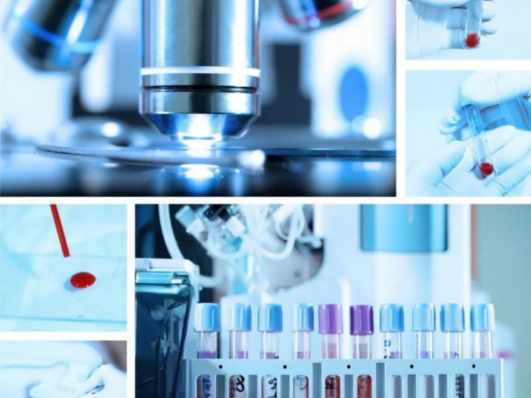 a collage of blue-hued photos of a microscope and blood vials