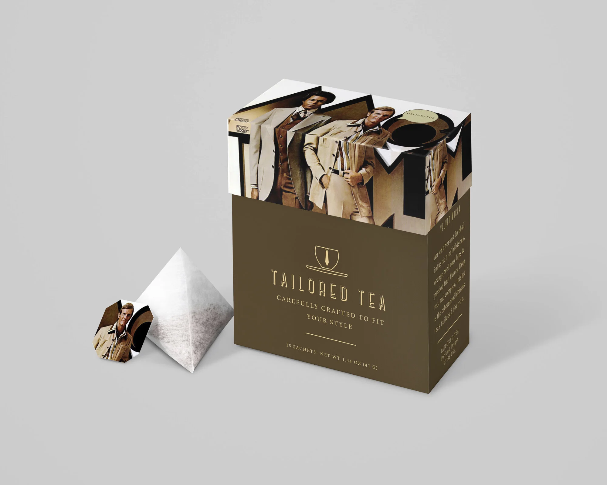 “Velvet Mocha” is a rich, chocolate tea with flavors that are reflected on the box’s appearance. Using another ad from Botany 500, I pulled the rich, chocolate colors from the image and applied them to the typeface and surrounding areas on the bo