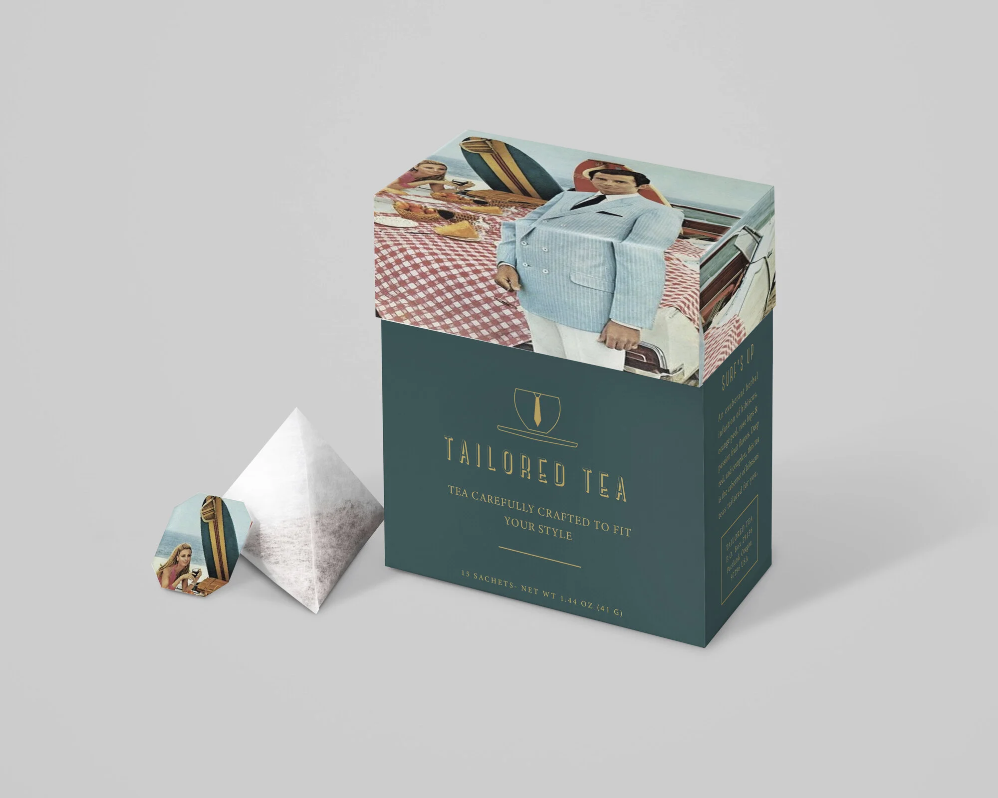 “Surf’s Up” is a flavored tea that is a bold and exotic blend. I designed the box by using a vintage ad by the suit company, Botany 500 . The rich colors for the box and typography were pulled from the ad and reflect the tea’s bold flavor.