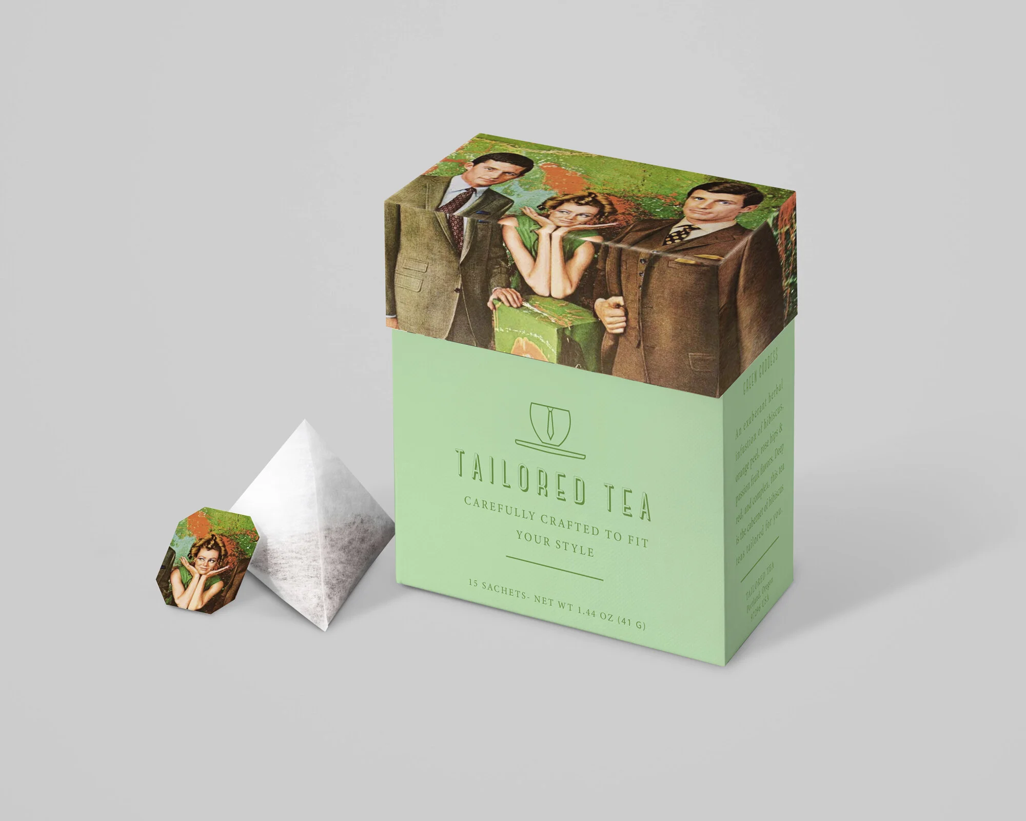 “Green Goddess” is a green tea designed cohesively to fit within this tea collection. This flavor is infused with mint which is reflected by the colors on the outside of the box. The other colors were pulled from the pallet found on the box’s imag