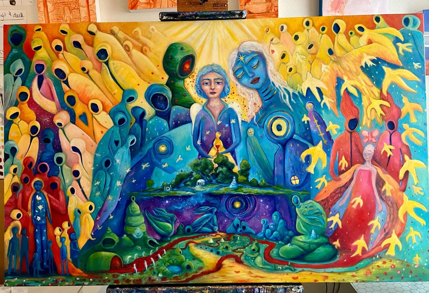 Lately my paintings have been declaring themselves finished long before my brain thinks they&rsquo;re finished! This is the biggest oil painting I have made so far.  I could never have planned something so involved with my mind, I had no idea I could