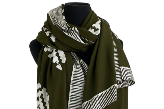 Hand Stamped Batik LOVE Scarf Jianhui London - Olive Green