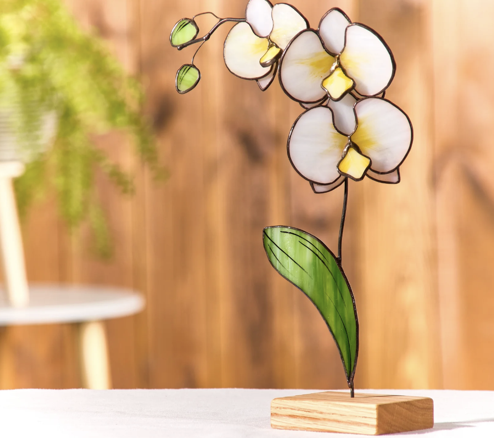 White Orchid Flower Stained Glass Tabletop