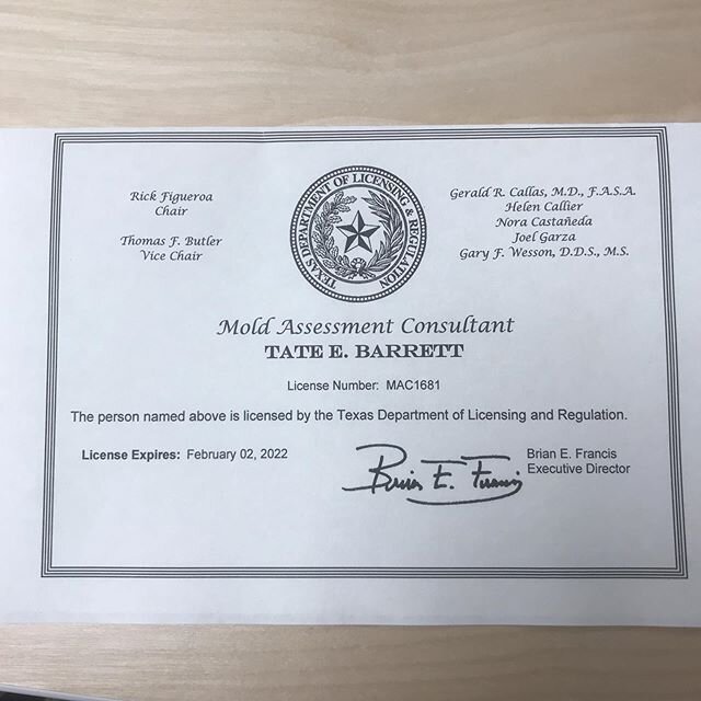 Barrett Environmental is now officially a licensed Mold Assessment Consultant in the State of Texas. If you need any help regarding mold or indoor air quality, please feel free to reach out! #moldstinks #indoorairquality