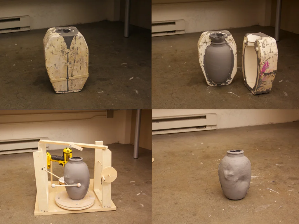 Prototype #1 Process: Each vase is cast from the same mold. When the clay is still damp and sensitive for any move, vases got randomly deform by the machine.