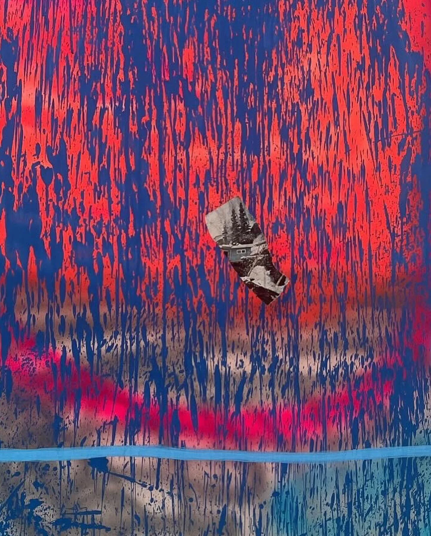 &lsquo;downpour&rsquo; 

hand-cut collage, spray paint , &amp; acrylic paint on wooden canvas. 

3 ft x 5 ft

DM for inquires or purchase.