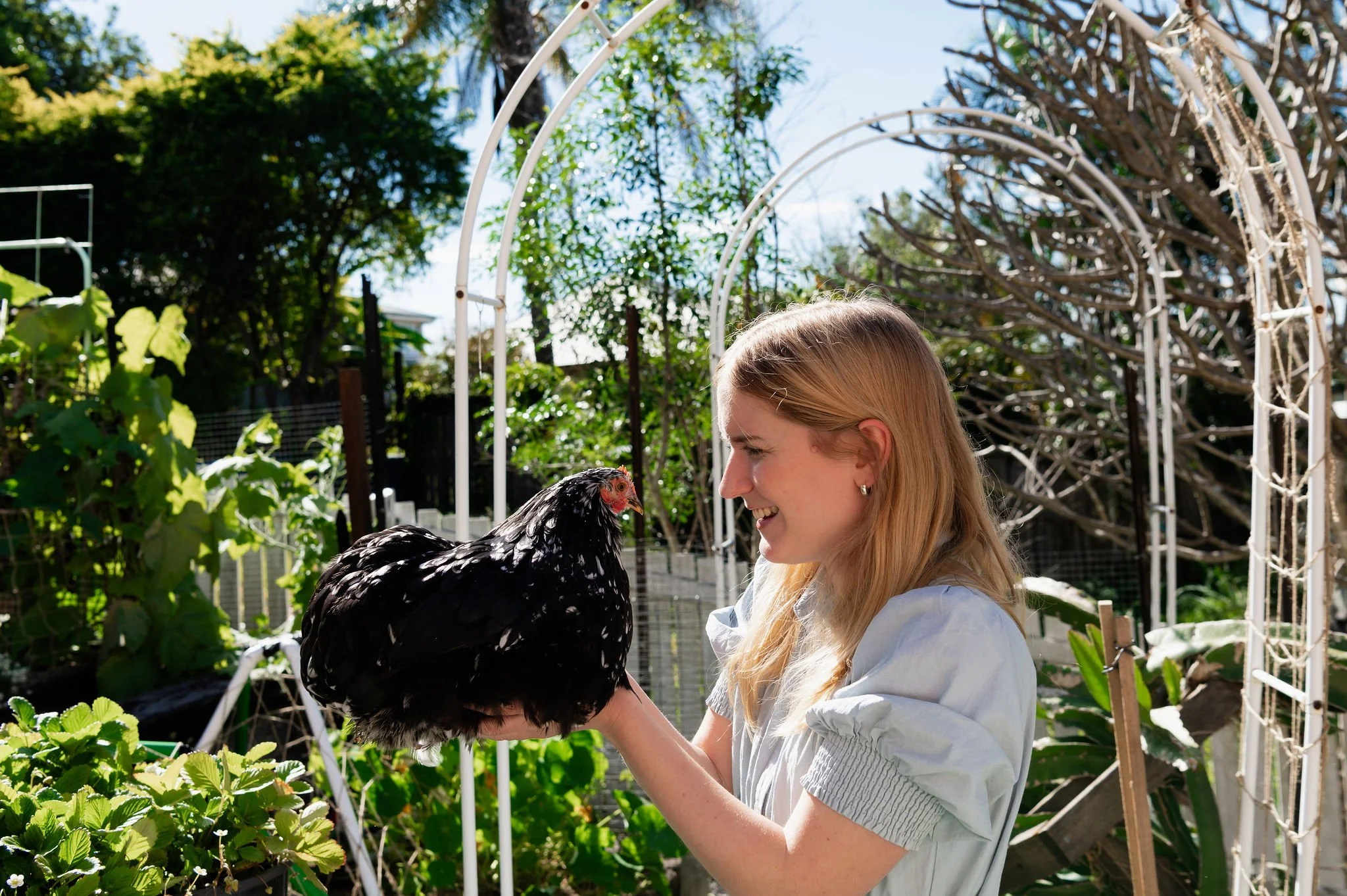 Artist Ingrid Bartkowiak in her veggie garden with chickens