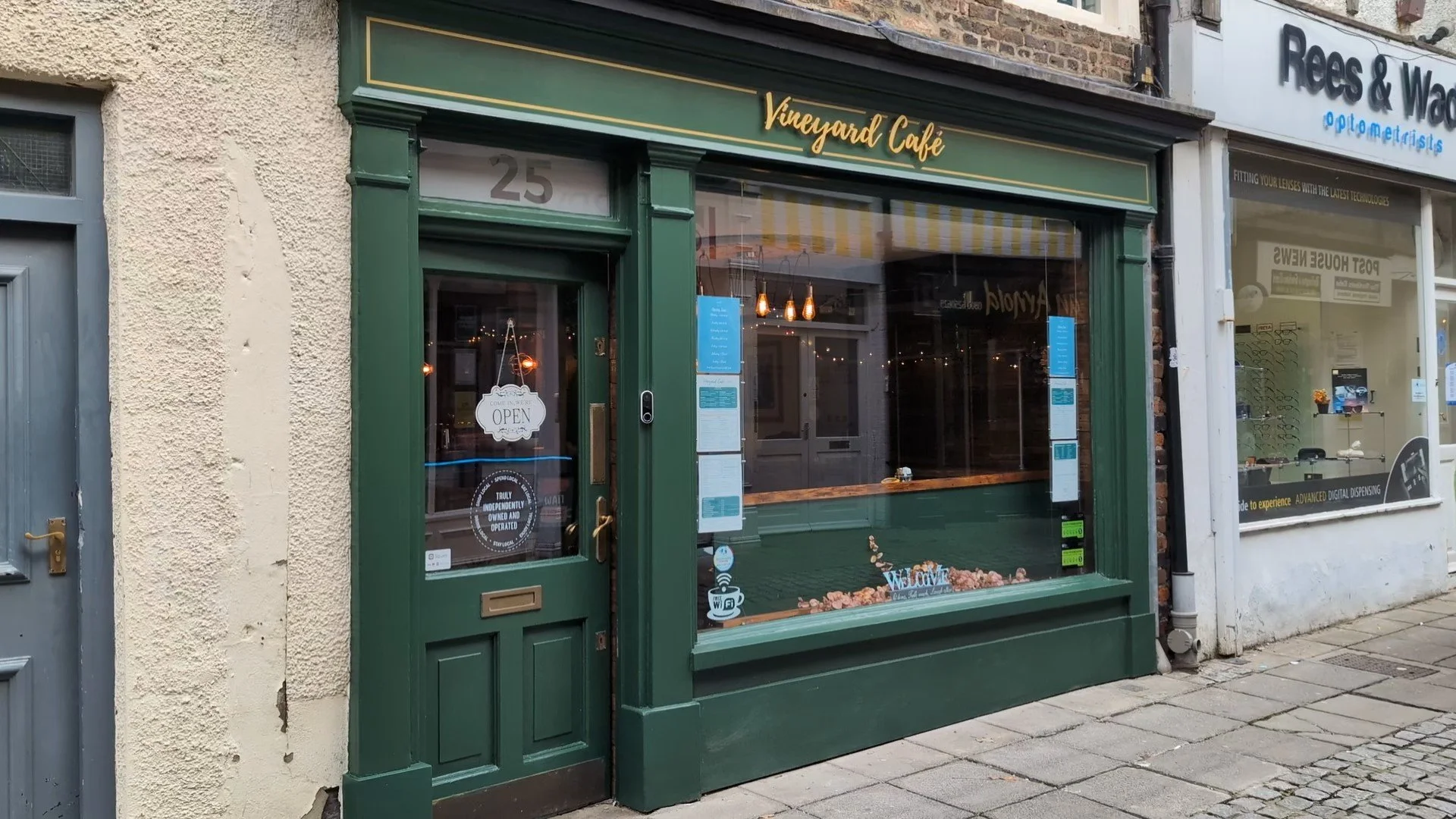 Exterior photo of Vineyard Café on Post House Wynd, Darlington town centre.