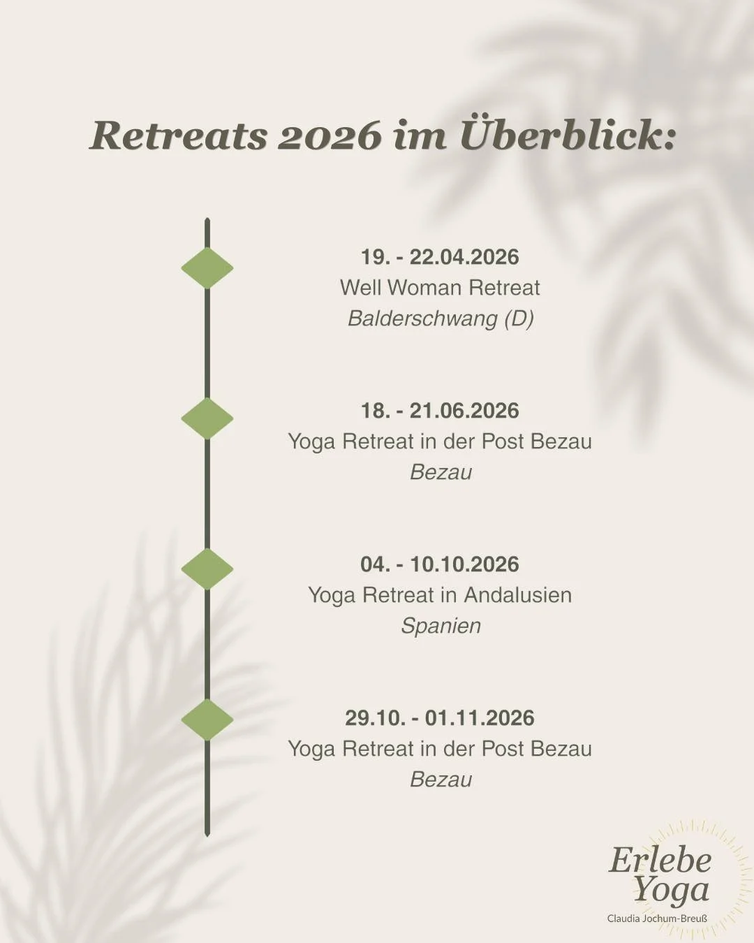 Zeit f&uuml;r dich. Zeit zum Auftanken✨

Manchmal braucht es nur ein paar Tage Abstand vom Alltag, um wieder bei sich selbst anzukommen.
In meinen Retreats erwartet dich eine bewusste Auszeit mit Yoga, Entspannung, Natur, Gemeinschaft und Raum zum
Du