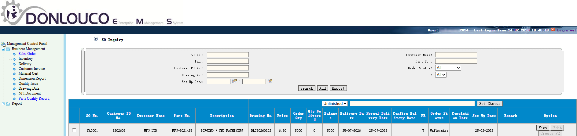 DLC EMS SYSTEM FOR PARTS AND ORDERS