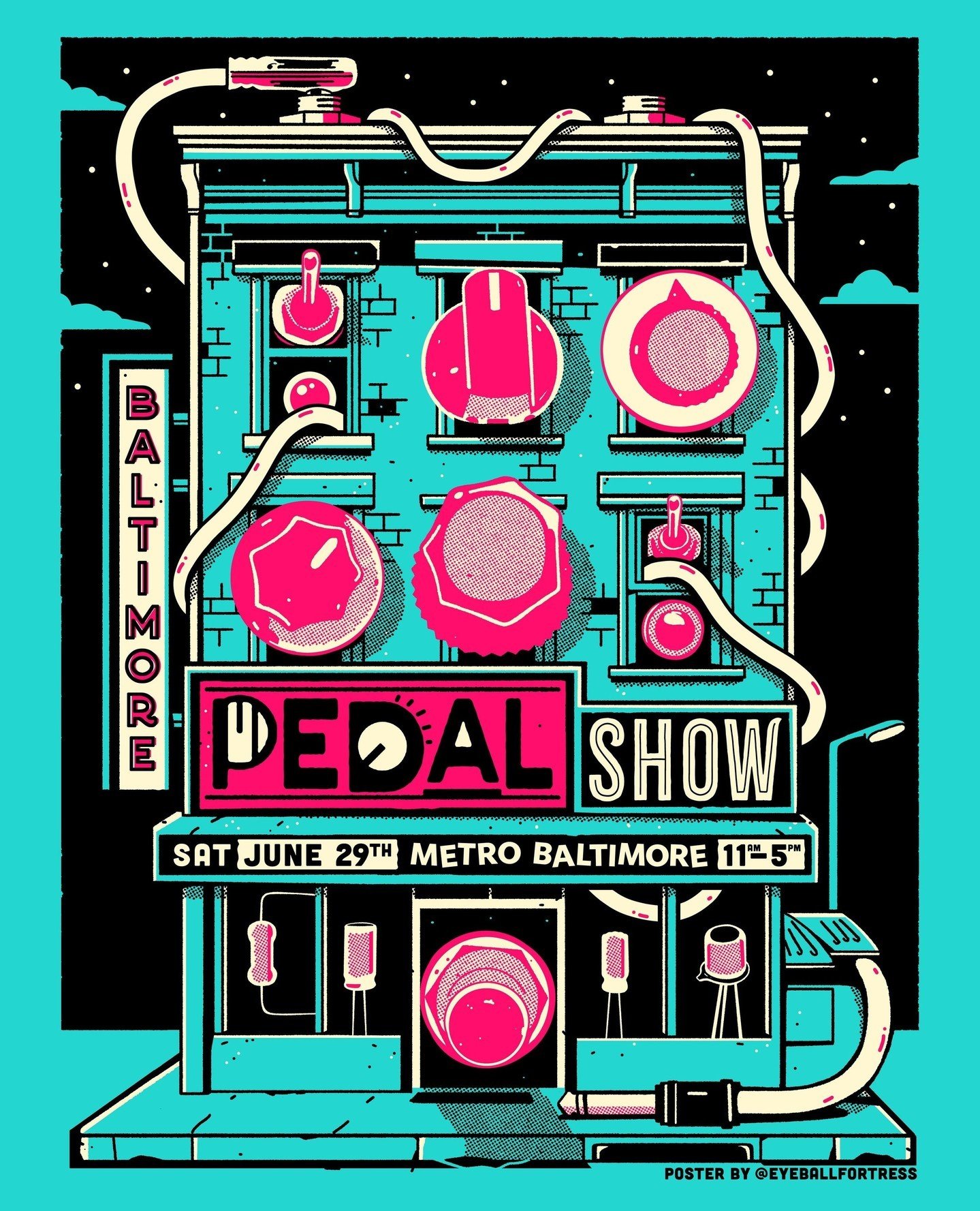 Very stoked to have worked on the poster for the first Baltimore Pedal Show!⁠
⁠
Mark your calendars folks! On June 29th pedal builders from all over the country will converge at @metro_baltimore to demo their gear and talk shop. You&rsquo;ll be able 