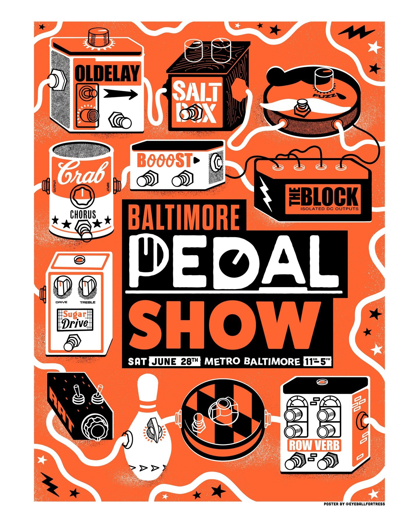 Tomorrow is the day. Come on out. Baltimore Pedal Show @baltimorepedalshow Saturday @metro_baltimore⁠
⁠
So cool to see this poster being shared everywhere, from billboards, to actual guitar pedals being made, to screenprinted poster⁠
⁠
Yes @bsriaudio