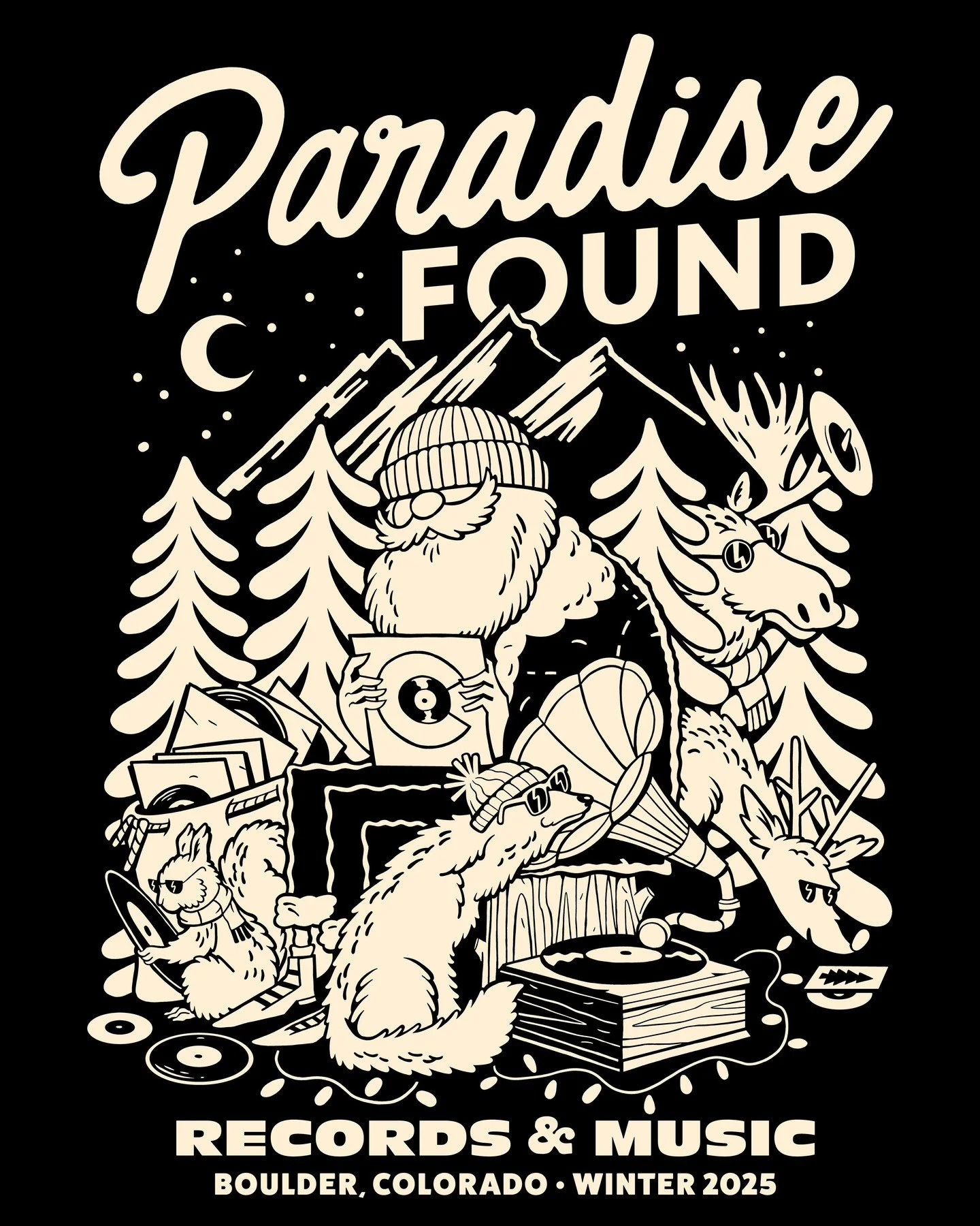 Super exited to present the 2025 Holiday design for @paradise_found_records in Boulder, Colorado⁠
⁠
As always it&rsquo;s a limited run of shirts, hoodies and totes (check out the new larger tote!) So once they&rsquo;re gone they&rsquo;re gone!⁠