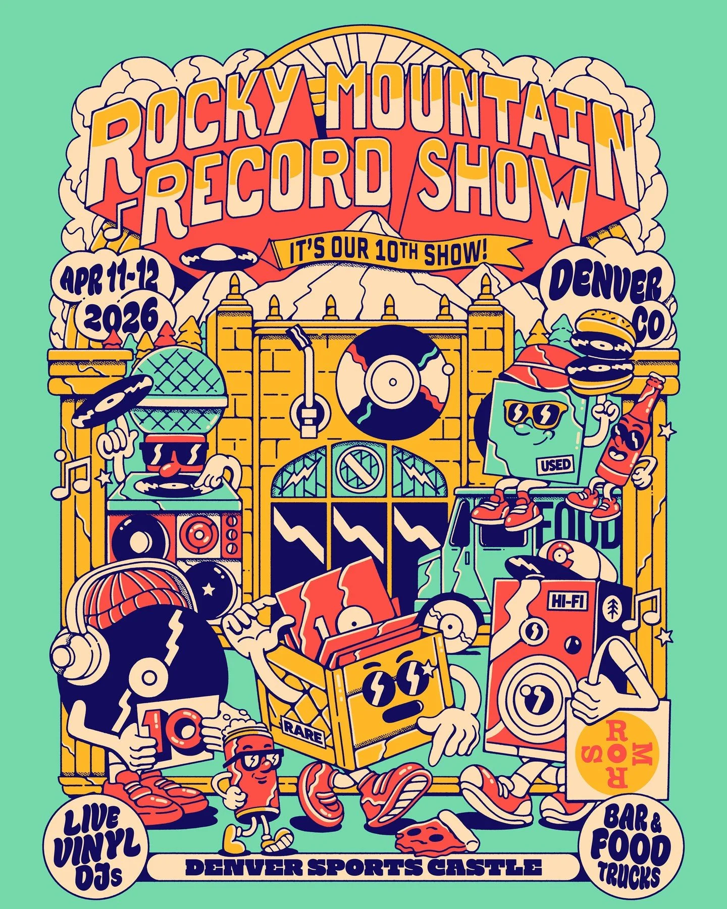 Super excited to reveal the art for the 10th annual @rockymountainrecordshow coming to Denver April 11-12⁠
3 FLOORS OF VINYL, bar, food trucks, live vinyl DJ&rsquo;s and vendors from across the country.