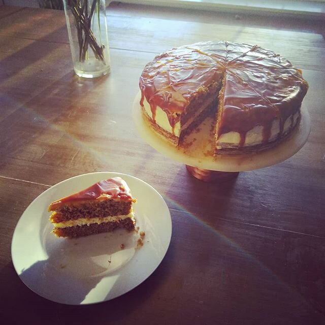 Cardamom spiced carrot cake with a salted caramel drizzle