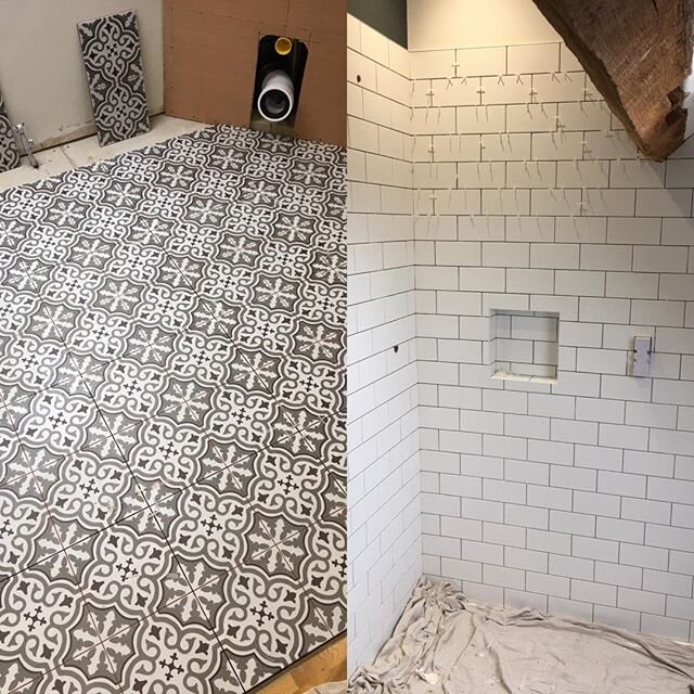 Patterned floor tiles and metro wall in a matt finish #bathroomideas #bathroomtiles #patternedtules #victoriantiles