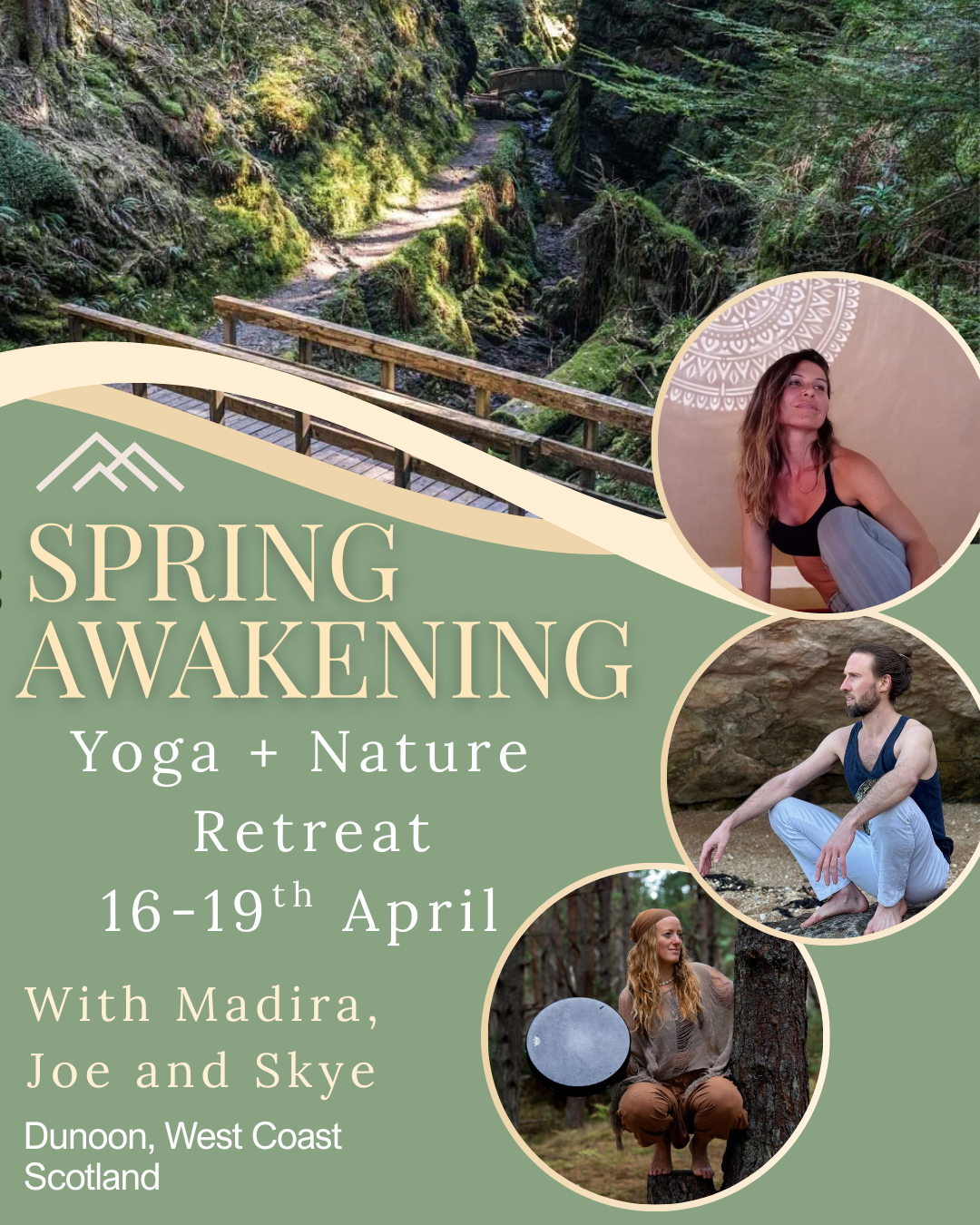 A promotional poster for a spring yoga and nature retreat, featuring a background image of a lush, mossy hiking trail with a wooden bridge in a forested area, and circular inset photos of three individuals practicing yoga or meditation in outdoor or indoor settings.