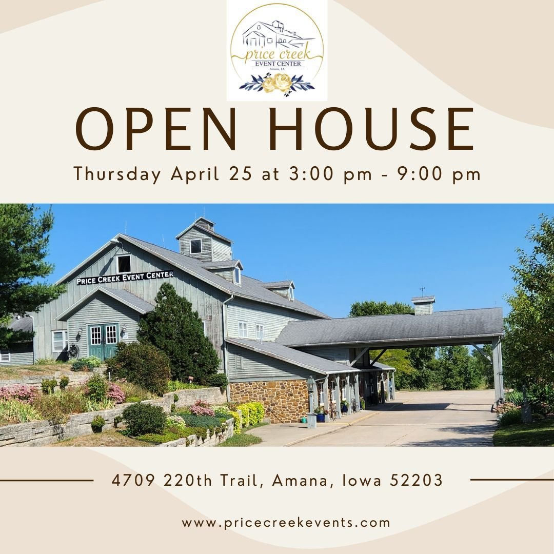 🎉 Join us this Thursday, April 25th for an Open House.🎉 
Help us in celebrating with the new owners Don &amp; LaShelle Morrison, and past owners Dave &amp; Yana Cutler. 💖 

#Pricecreekevents #pricecreekeventcenter #amana #amanaiowa #Whileinamana
