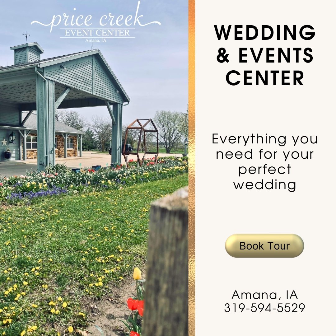 Calling all Iowa Brides! Looking for the BEST wedding venue in Iowa? Dreaming of a destination wedding that's still close to home? Come check out Price Creek Event Center to see all we have to offer: 
📍  4709 220th Trail, Amana, IA 52203
🌷 In-house