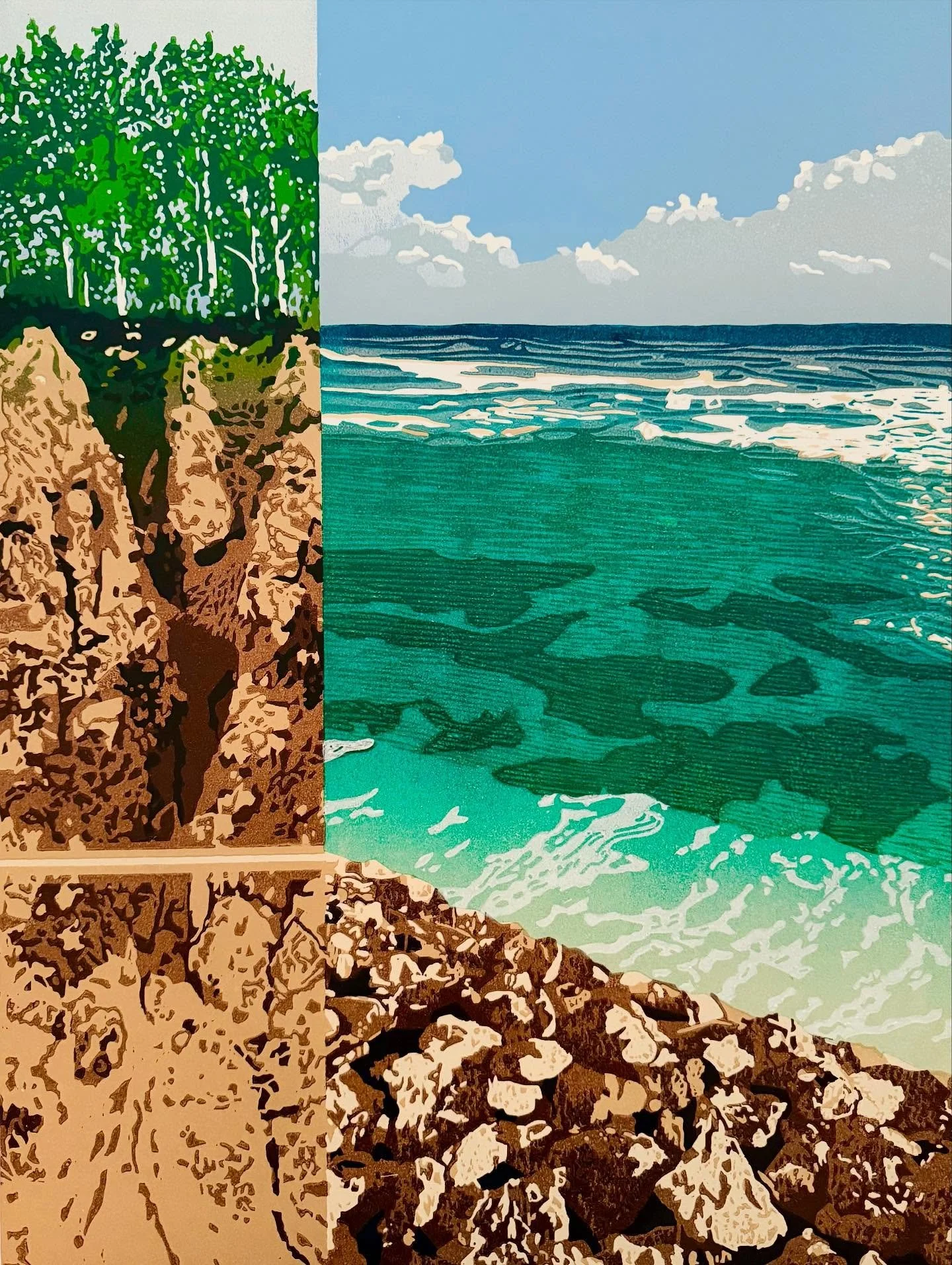My newest print, &ldquo;Layers.&rdquo; Layers of the earth, layers of memories, layers of meaning, layers of color&hellip;.

I had an especially fun time creating the water with transparency over the landforms and a final sheer layer of light reflect