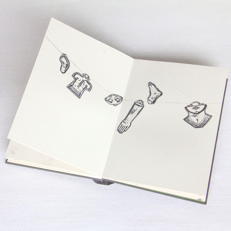Collage of washing line with body parts good luck charms in handmade artist's book