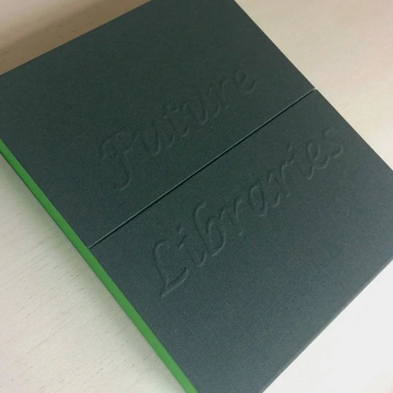 Closed handmade box with 'Future Libraries' embossed on cover