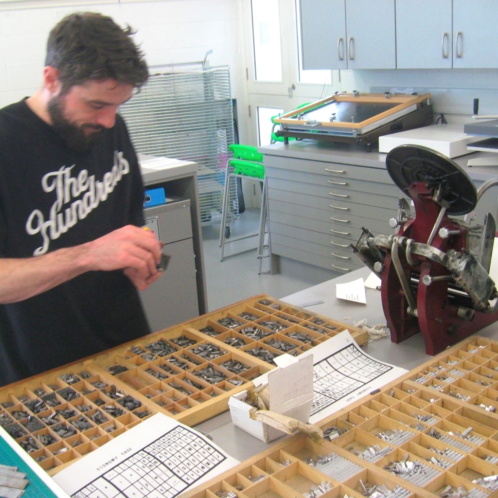 Typesetting trays on table at letterpress bookbinding workshop Ireland