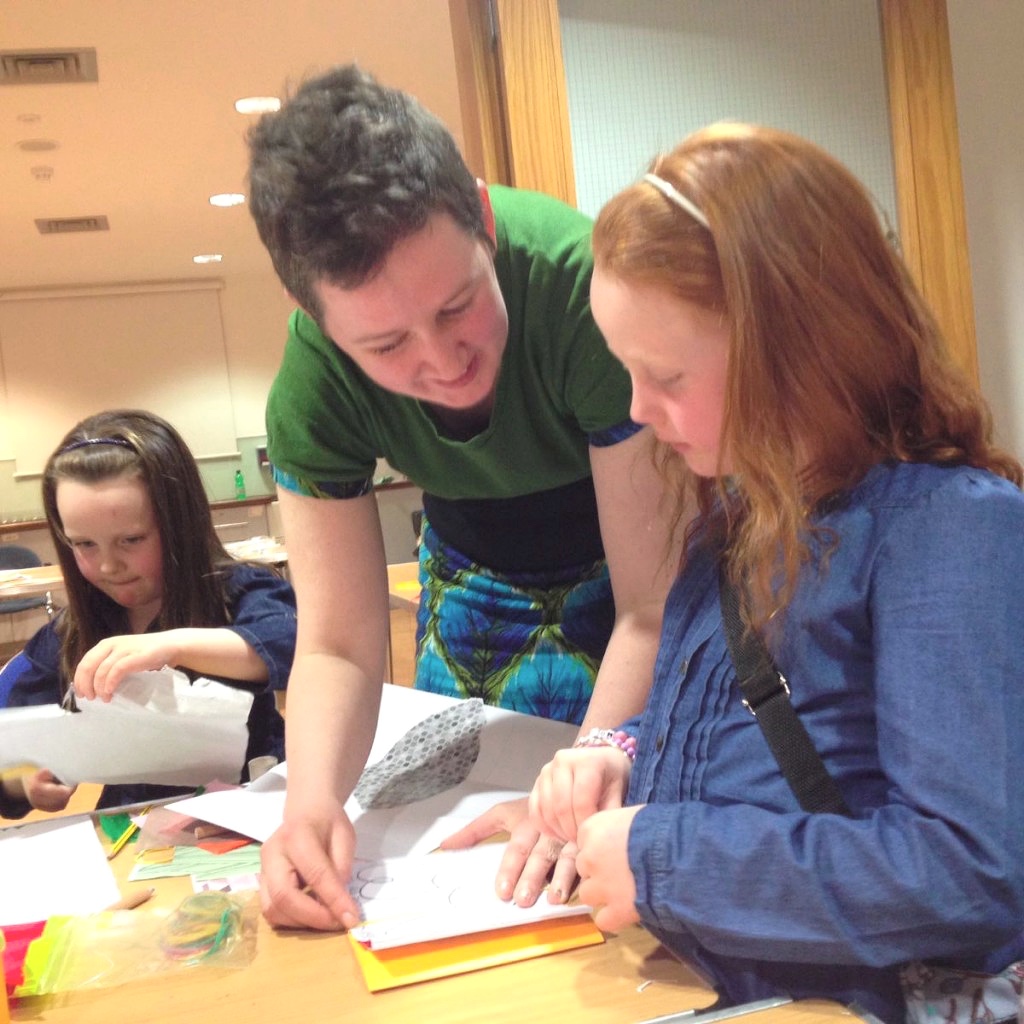 Irish bookbinder Éilís Murphy facilitating children's bookbinding workshop in Museum of Country Life, Mayo