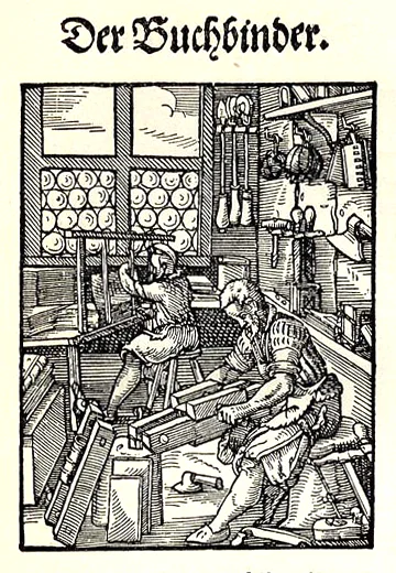 Woodcut of bookbinding workshop
