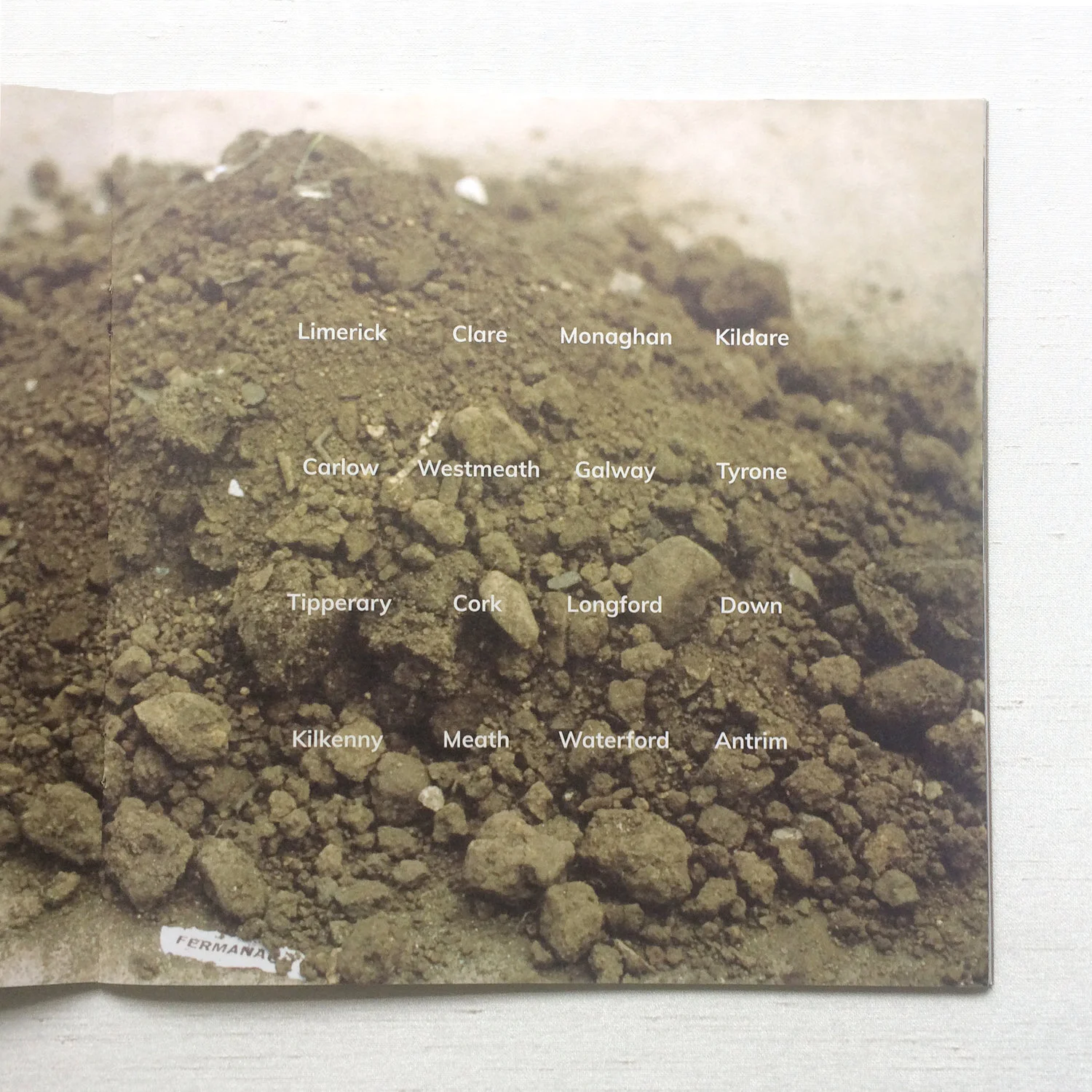 Close up of soil heap with counties of Ireland written in white text