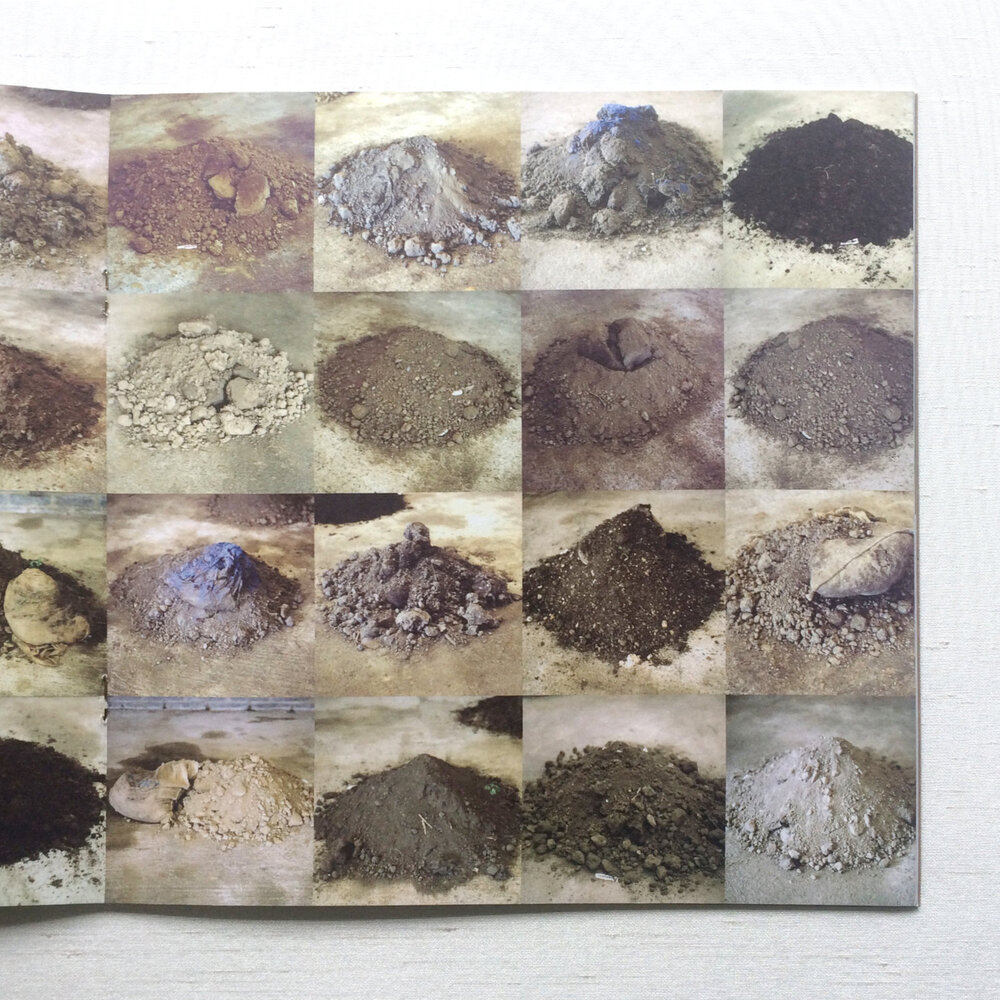 16 square images of different soil heaps in artist's catalogue