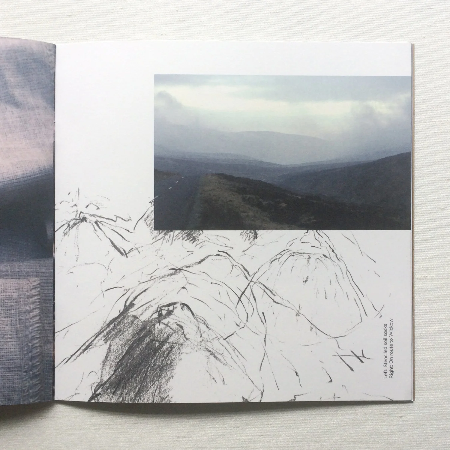 Photo of hills with clouds lain over pencil drawing by artist Patricia McKenna