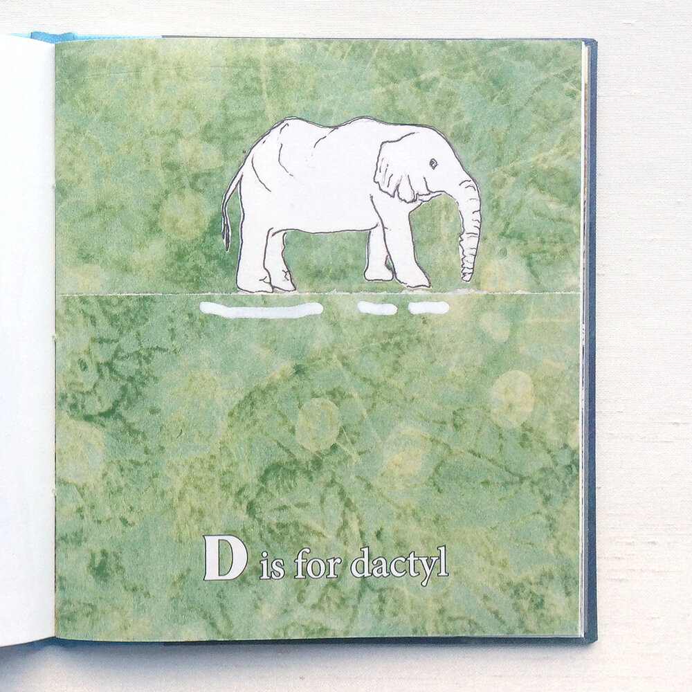 Collage with elephant on green textured background in artist's book by eilis murphy