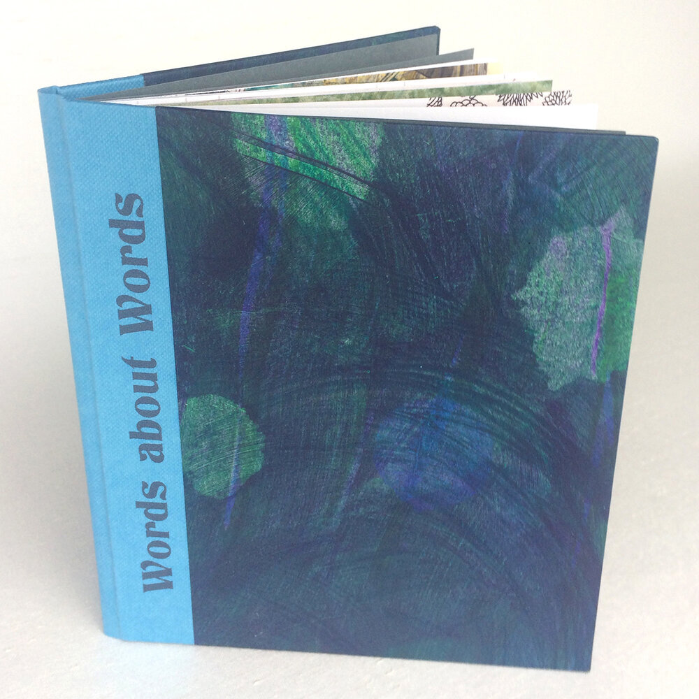'Words about Words' handmade artist book with blue, purple and green cover