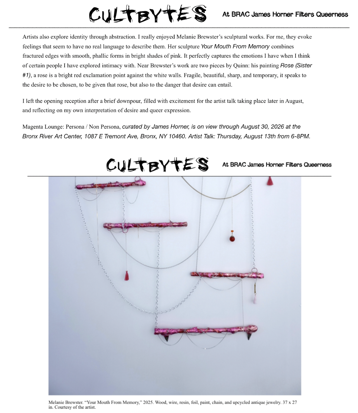 Cultbytes review by Alexandria Deters (August 2, 2026) of the group show Persona / Non Persona at Bronx River Art Center, curated by James Horner 