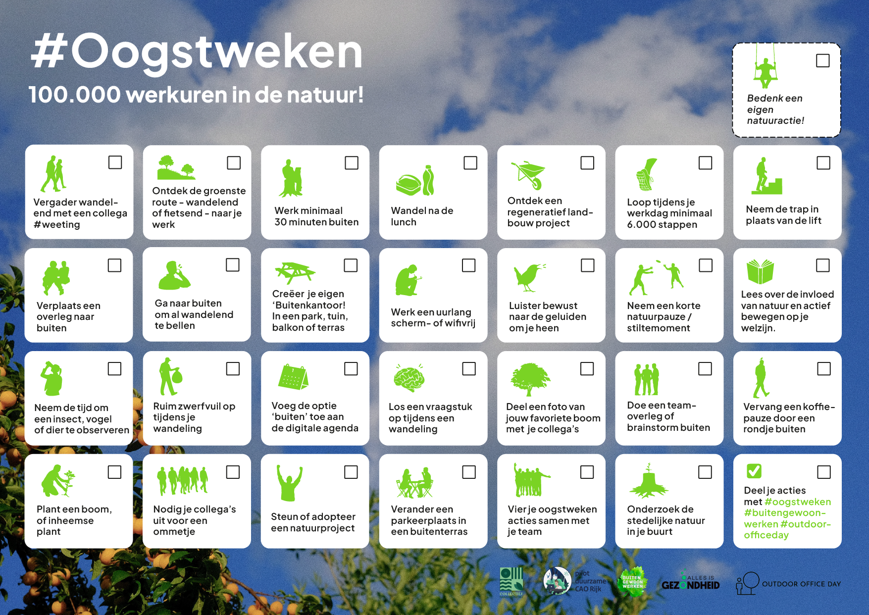 A digital checklist for outdoor activities related to nature and sustainability, featuring green icons and Dutch text.