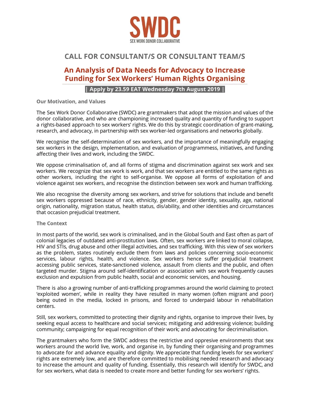 Call for Consultants for Research Project on Making a Case for Increasing  Funding to Sex Workers' Rights is now open! — SWDC