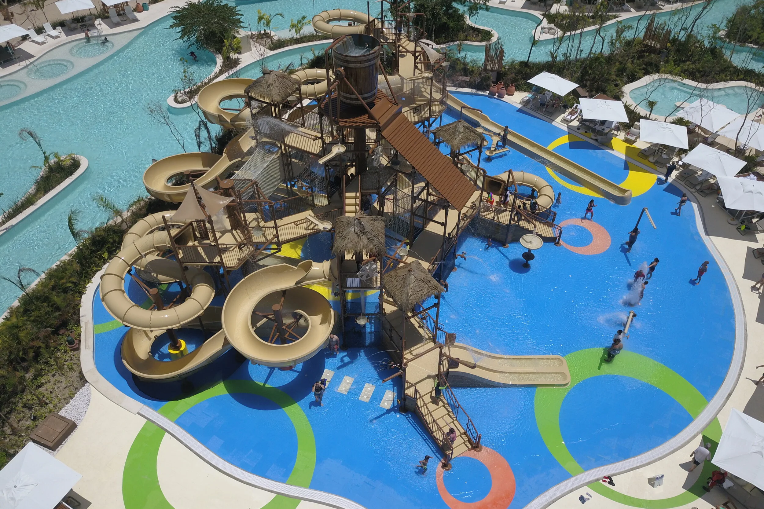 Jungala Aqua Experience at Vidanta Riviera Maya resort with Life Floor aquatic safety surfacing, people playing on splash area