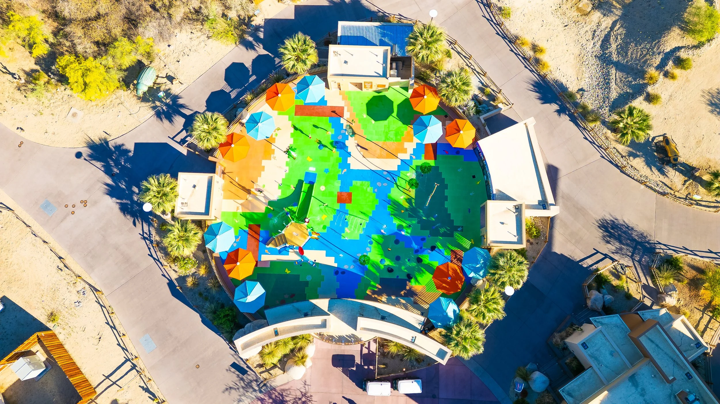 Aerial of The Living Desert Zoo Splash Pad, California Splash Pad, Aquatic Safety Surface, Splash Pad Tiles