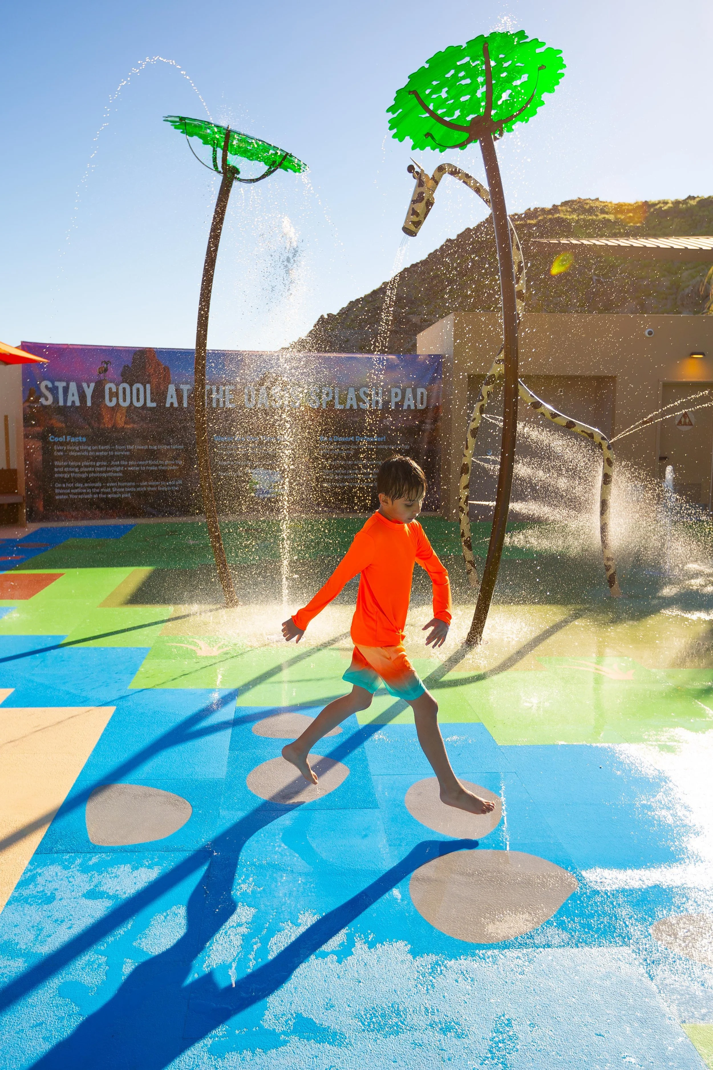 Boy on Splash Pad, Living Desert Splash Pad, Zoo Splash Pad, Splash Pad Safety Tiles