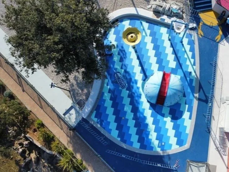 Maistra Camping Vestar splash pad, aerial view of Life Floor splash pad surfacing, splash pad tiles, Croatia splash pad