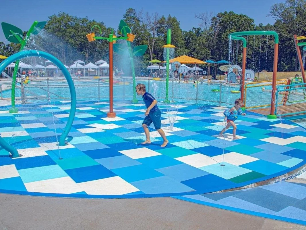 Camp Barnabas Splash Pad with children playing, Life Floor splash pad surfacing, splash pad safety surface, splash pad flooring