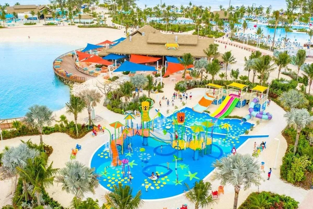 Splashaway Bay at Perfect Day Coco Cay with Life Floor safety surfacing on splash pad with slides and children playing