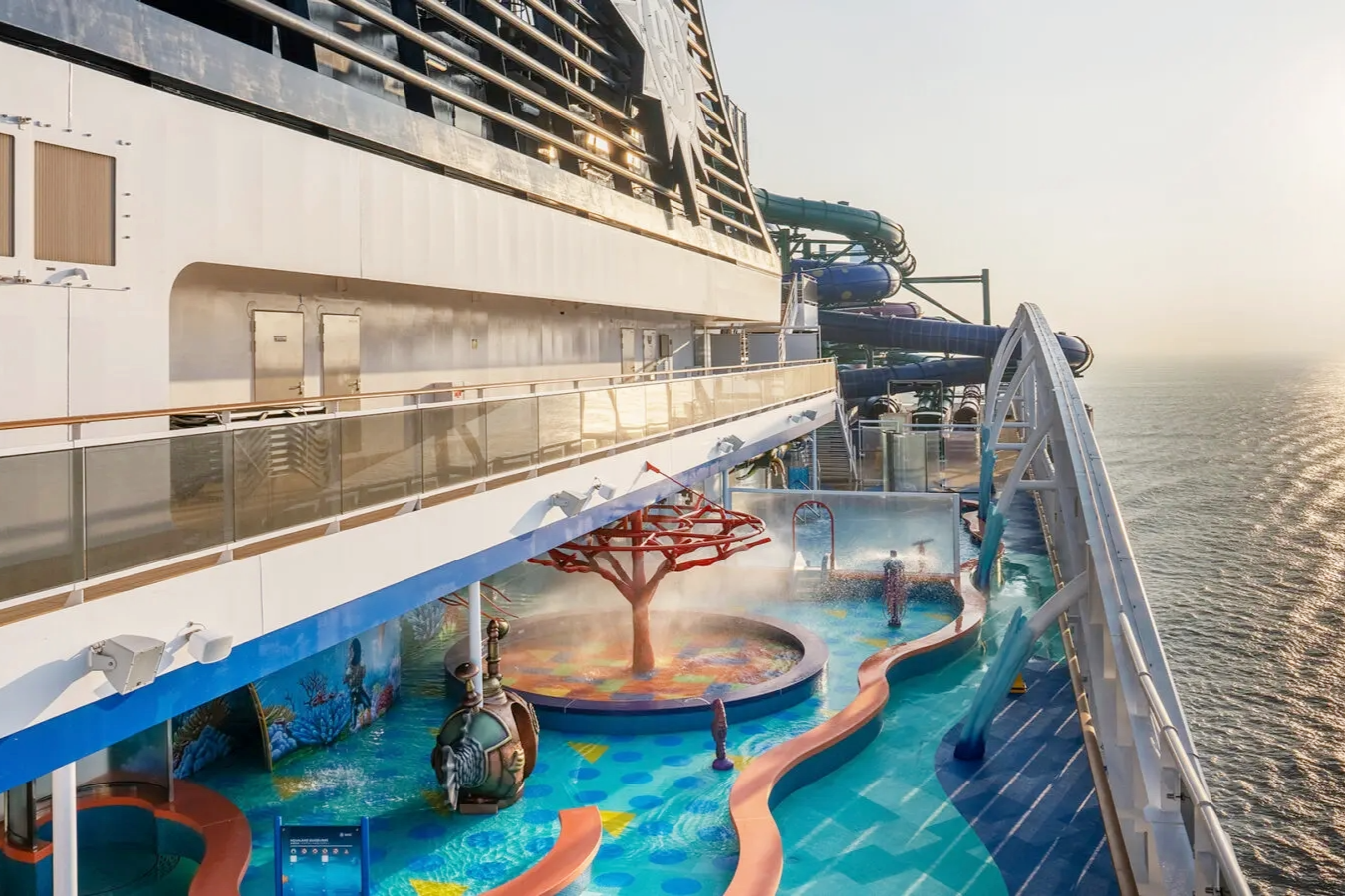 MSC World America Aurora Borealis Aqua Park with Life Floor aquatic safety surfacing surrounding water features.