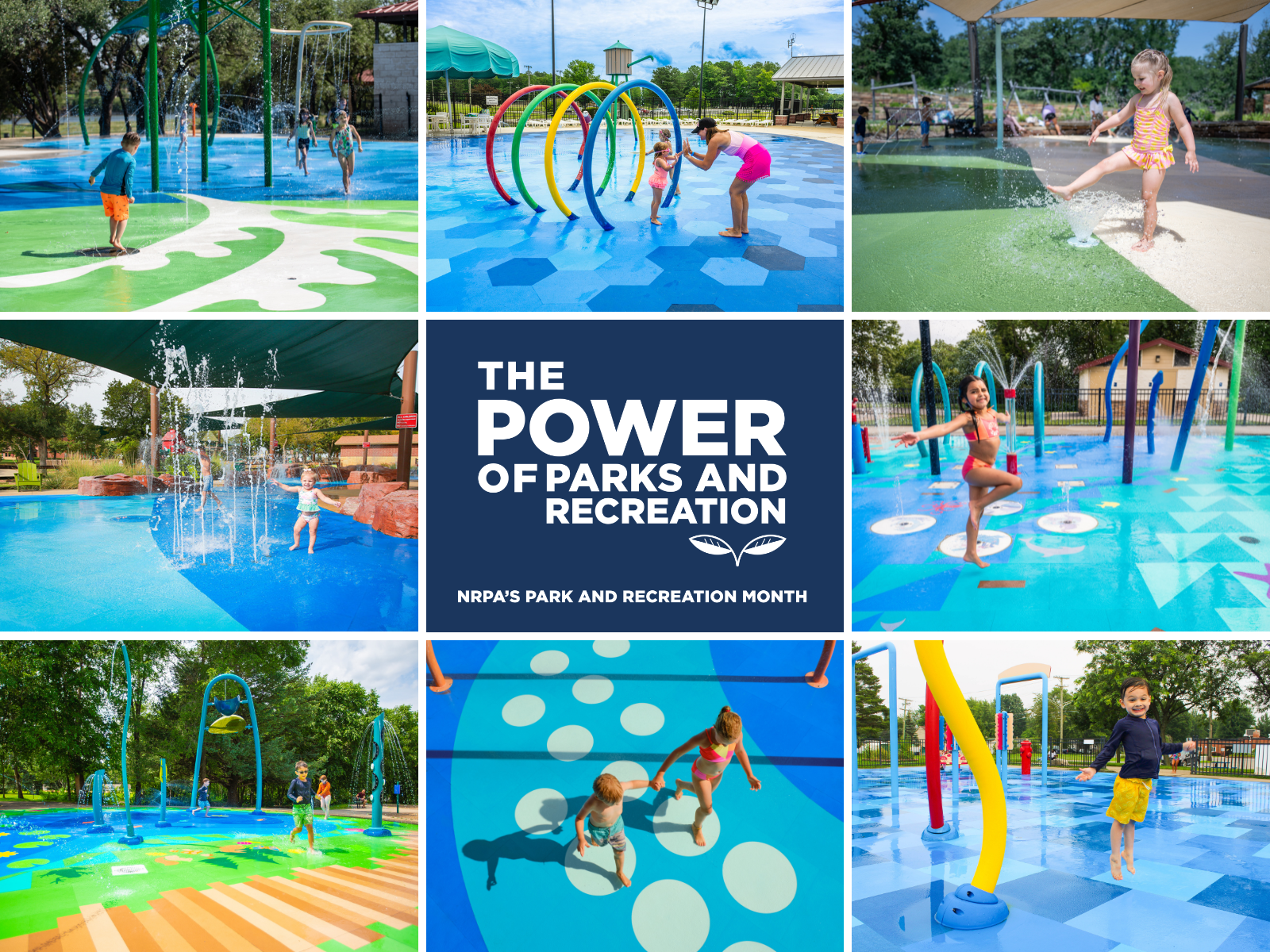 Collage of Life Floor Splash Pad installations, Parks and Recreation Month