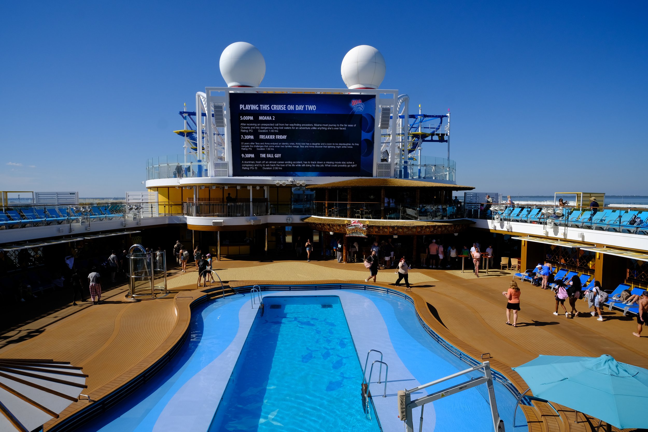 Carnival Mardi Gras Pool Deck with people, pool, Life Floor