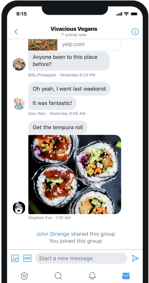  Context: For this 8 person design sprint we were tasked with expanding 1:1 DM chats to help users find, vet, and approve or deny Twitter users in a group chat.   Method: In Person usability testing   Timeline: One week  My Role: Researcher  Outcome: